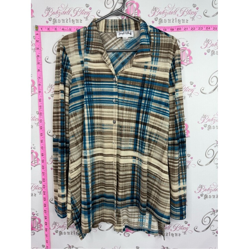 Joseph Ribkoff long sleeve blouse Teal, Brown & Cream Plaid Button-Up Shirt